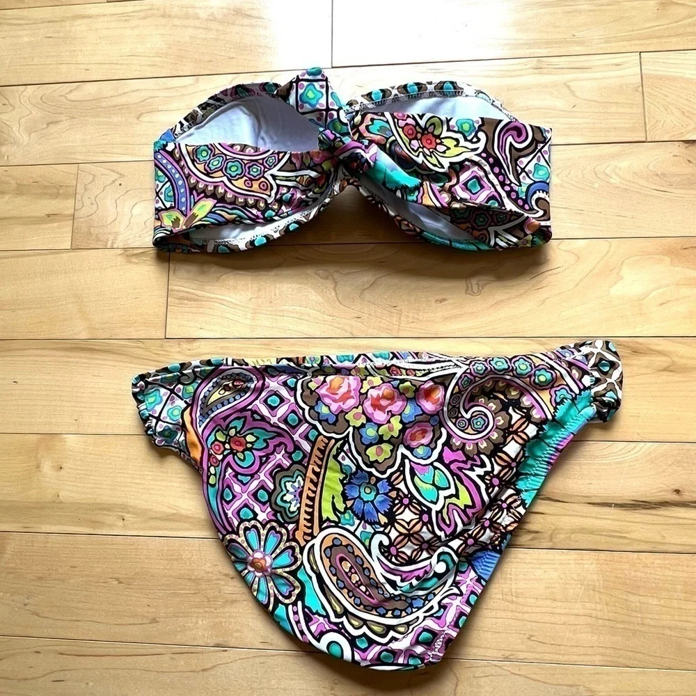 Trina Turk bright multicolor patterned strapless two-piece bikini swimsuit
